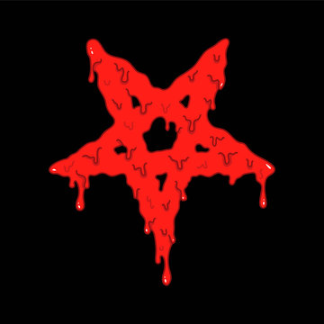 Cartoon illustration of the bloody pentagram symbol on black background. Occult design vector illustration.