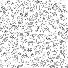 Autumn and rain. Seamless pattern in doodle and cartoon style. Vector. EPS 8