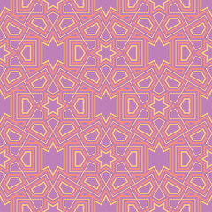 Geometric violet seamless pattern. Bright colored background with pink and yellow elements