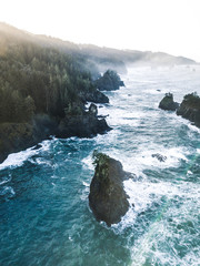 Aerial photograph of Oregon Coast beach with rock formations and pinetrees near Brookings, USA