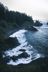 Small person standing on a rocl formation in front of ocean with waves in the background and pinetrees around near Brookings, USA