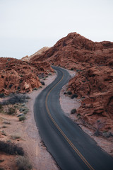 Winding road between red rock formations and yellow double line the National Park Valley of Fire in Arizona, USA
