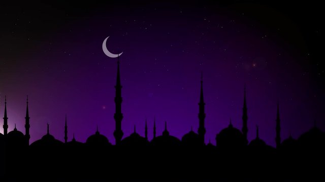 Seamless loop motion of of silhouette of mosque in the with new moon at night. Islamic holiday background animation.