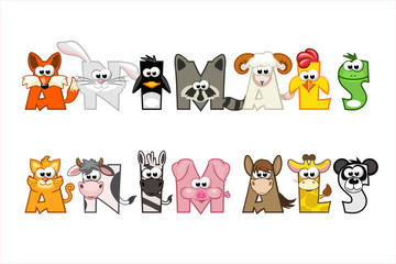 Funny cartoon word animals, set funny letters