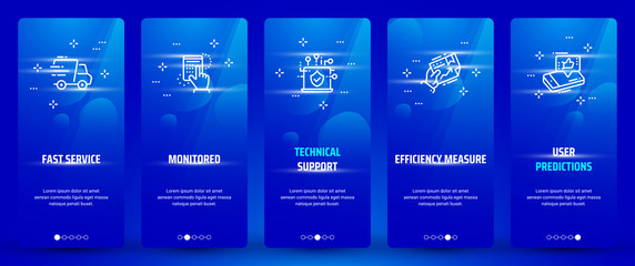 Fast service, Monitored, Technical support, Efficiency measure, User predictions Vertical Cards with strong metaphors.