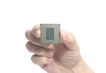 Central processing unit CPU microchip male hand holding