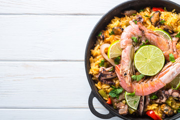 Seafood paella. Traditional spanish dish, top view.