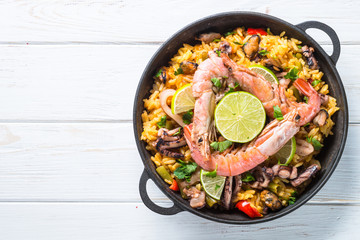Seafood paella. Traditional spanish dish, top view.