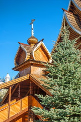 The wooden church is decorated with carvings
