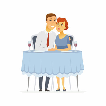 Happy couple in a restaurant - cartoon people character isolated illustration