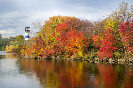 Colorful fall leaves and lighthouse in Minneapolis MN