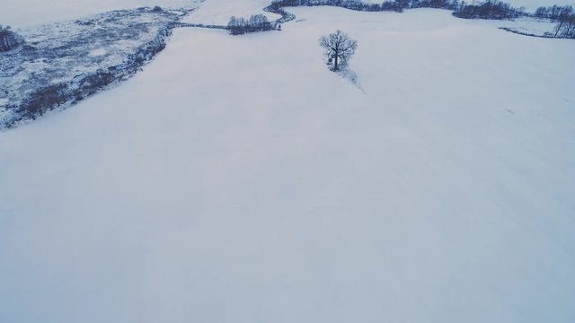 flight over filds in winter