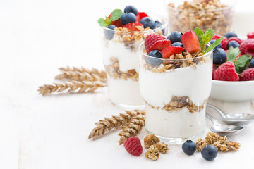 healthy dessert with natural yogurt, muesli and berries on white table