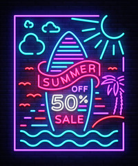 Summer sale poster in neon style. Design Template, Summer Sale Neon Sign, Summer Discounts, Light Banner, Light Brochure, Night bright advertising Promotion and Discount. Vector illustration