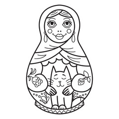 Russian traditional nested doll (matryoshka). Black and White Illustration. Template for style design.  