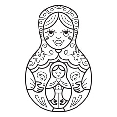 Russian traditional nested doll (matryoshka). Black and White Illustration. Template for style design.  