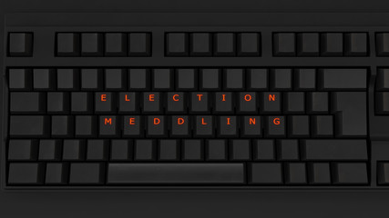 Close Up of Illuminated Glowing Keys on a Black Keyboard Spelling Election Meddling 3d illustration 