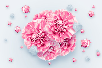 Obraz premium Spring background, pink, red and white carnations on a light background. Floral background. flat lay, top view, Mixed media. Valentine's Day, March 8