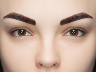 Naklejka premium Portrait of a woman with beautiful, well-groomed eyebrows, after dyeing a beauty salon. Professional eyebrow care, dyeing and permanent make-up.