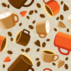Cups of coffee or tea, coffee beans, hearts on a light background. Bright coffee background. seamless texture. Vector illustration. Eps 10.