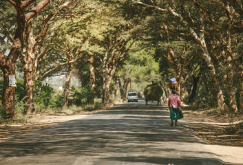 Burmese rural woman walking on road. Rural landscape and traditional village life in Burma countryside