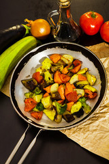 Grilled fresh vegetables. Grilled mix of vegetables in a pan grill. fried vegetables. Vegatables salad.