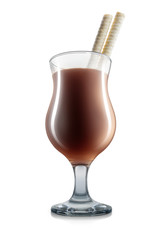 Chocolate cocktail or mocktail in hurricane glass with cookies straw isolated on white background. Clipping path