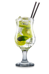 Mojito cocktail in hurricane glass with mint, kiwi and ice cubes on white background. Clipping path