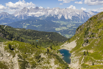 Naklejka na ściany i meble View from Rippetegg to lake Mittersee Spiegelsee and mountain Dachstein