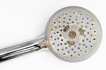 Close up Shower Head With the Lime on it and Placed on White Background Surface