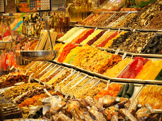 Dried fruits in La Boqueria market in Barcelona, Spain