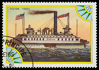 Old paddle ship on postage stamp