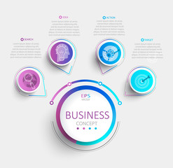 Modern infographic with business timeline data visualization.Diagram with 4 steps,options,parts and processes.Template for presentation,workflow layout,banner,web design.Vector illustration.