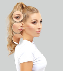 Aging. Mature woman-young woman.Face with skin problem.Before and after cosmetic procedures