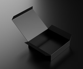 Black opened paper box on a dark background. 3D rendering.