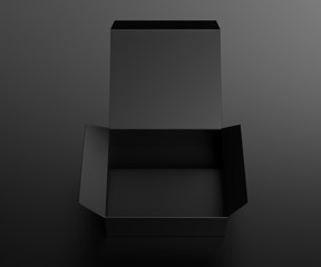 Black opened paper box on a dark background. 3D rendering.