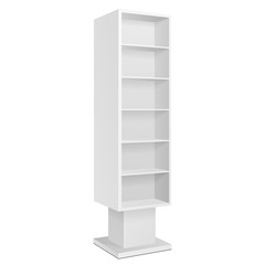 Cardboard Retail Shelves Floor Display Rack For Supermarket Blank Empty. Mock Up. 3D On White Background Isolated. Ready For Your Design. Product Advertising. Vector EPS10