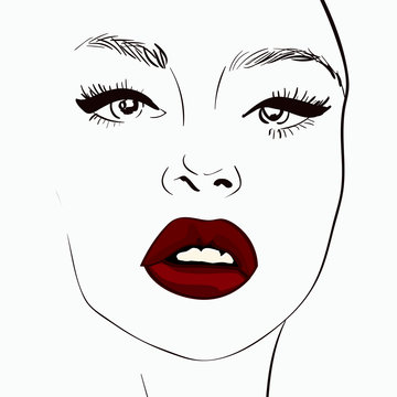 recommend clip art: Beautifull face of young woman with red lips. Line. Vector beauty illustration