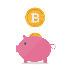 Pig money box with falling bitcoins. Vector flat design banner concept on white background isolated. Hold bitcoins
