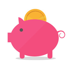 Pig piggy bank with coin vector illustration in flat style. The concept of saving or save money or open a bank deposit. The idea of an icon of investments in the form of a toy pig piggy bank