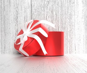 Red gift box with a white bow. Wooden light background. 3D rendering.