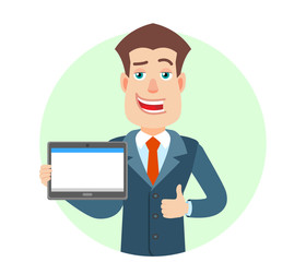 Businessman holding tablet PC and showing thumb up