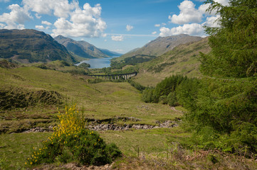 Fototapeta na wymiar View of Glenfinnan, Scotland with viaduct, loch and hills in spring