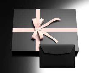 Black gift box with pink bow and black envelope on a glossy table. 3D rendering.