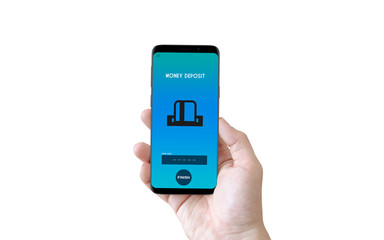 Man holding smart phone with application on screen for mock up. Isolated white background