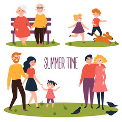 Summer time. Rest in the park and outdoors stroll of the whole family. People take a walk in recreation area. Children with dog, elder couple on bench, young couple, family with daughter. Vector flat