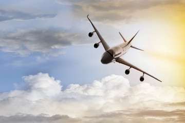 Jet airplane landing at dusk