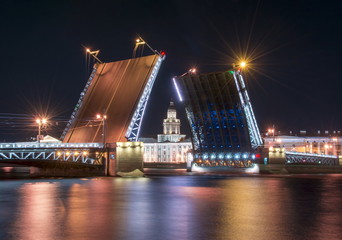 Naklejka na ściany i meble Drawn Palace Bridge and Kunstkamera at white night, Saint Petersburg, Russia