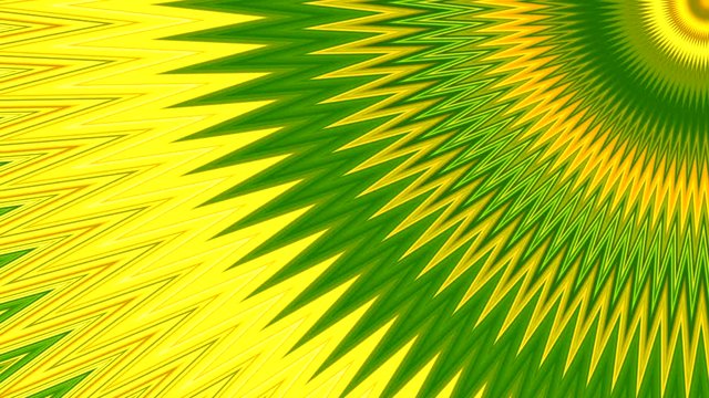 Fondo abstracto din&aacute;mico con movimientos de caleidoscopio formando zigzag y espiral con semic&iacute;rculos y rotaci&oacute;n gira en colores verde, amarillo y naranja