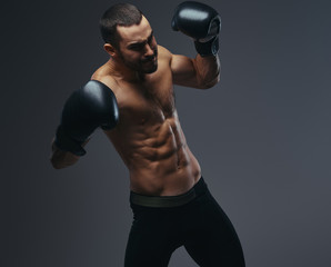 Fototapeta na wymiar A brutal shirtless caucasian sportsman in boxing gloves training isolated on a gray background.
